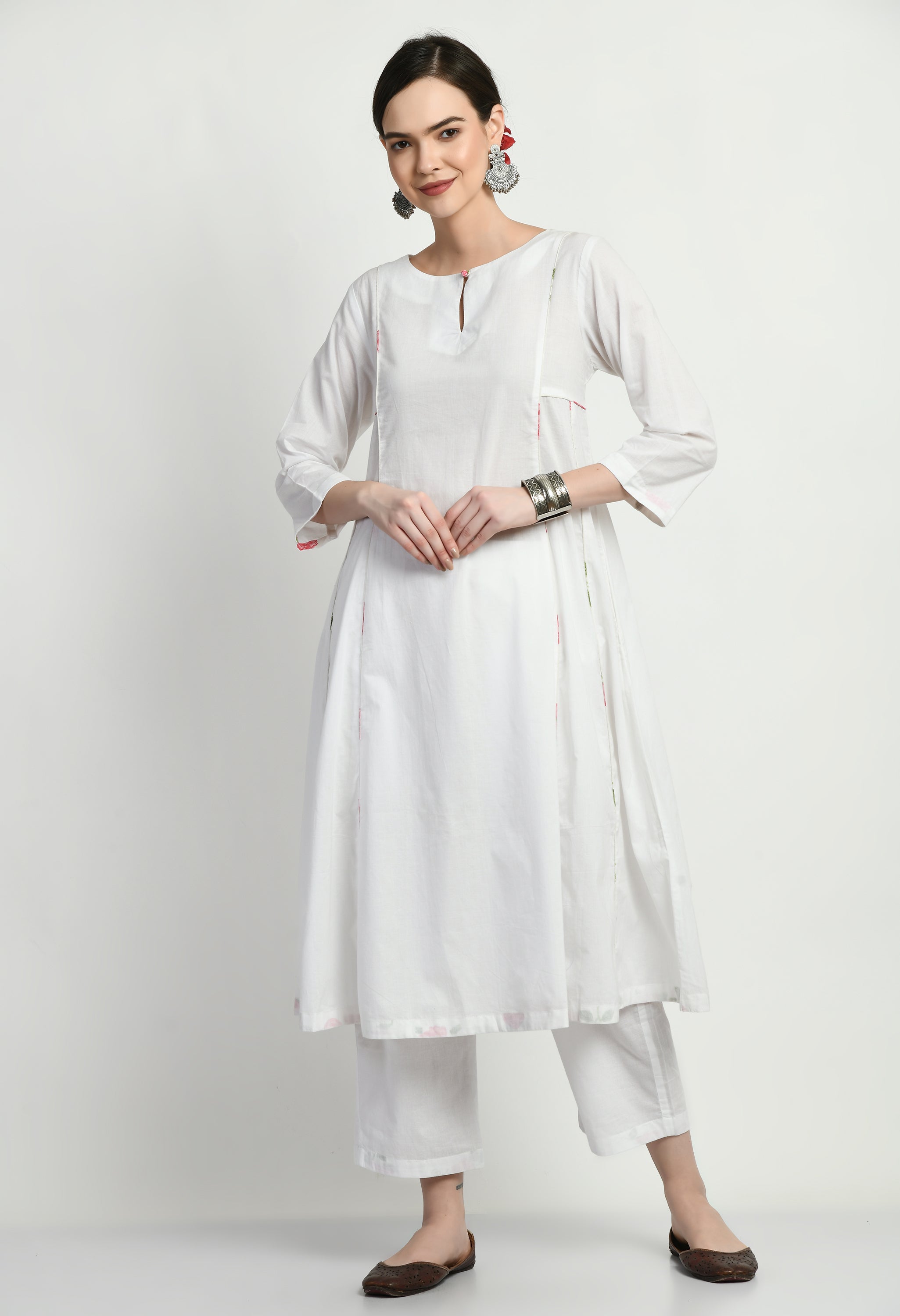 Milky White Panel Cotton Kurta Set | White Kurta Sets for Women